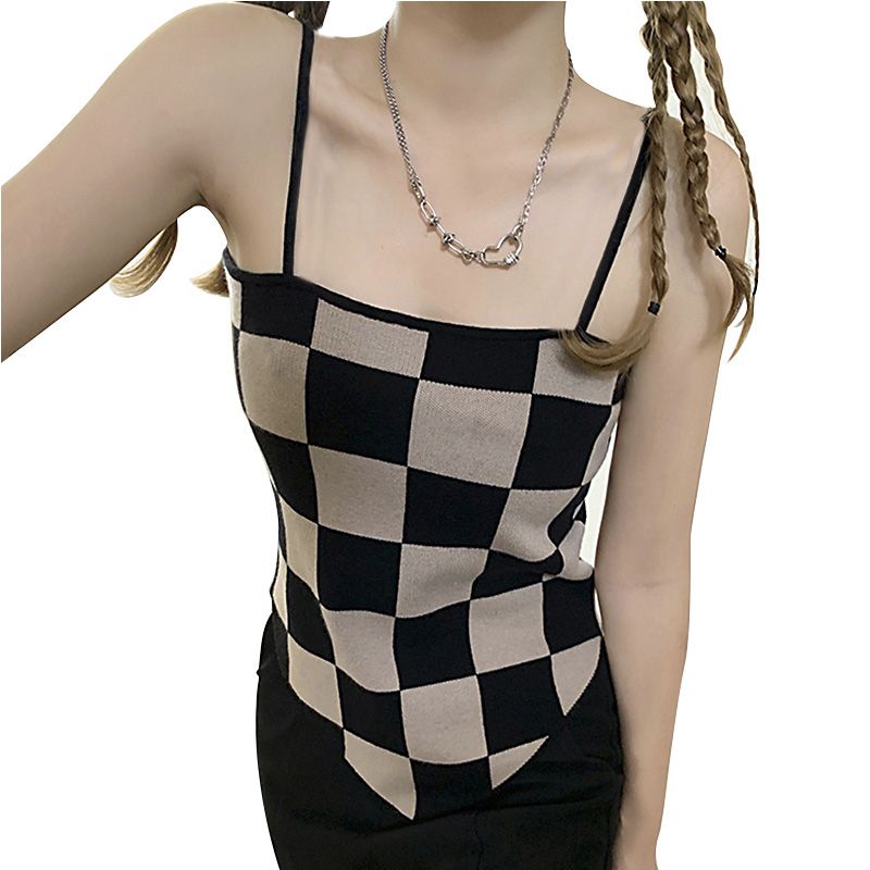 Women Spaghetti Strap Camisole, Sleeveless Checkboard Print Asymmetric Knit Crop Cami Tops