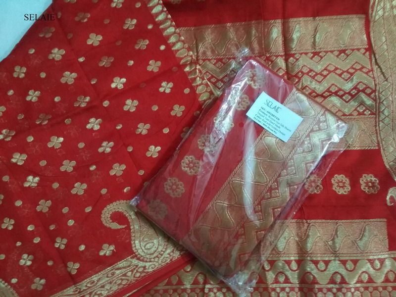 Gas Silk Tangail Sharee  Making From Hand Made  Tant  for Women by SELAIE  Red with Golden Design 13.5 Hat with Blouse Pcs