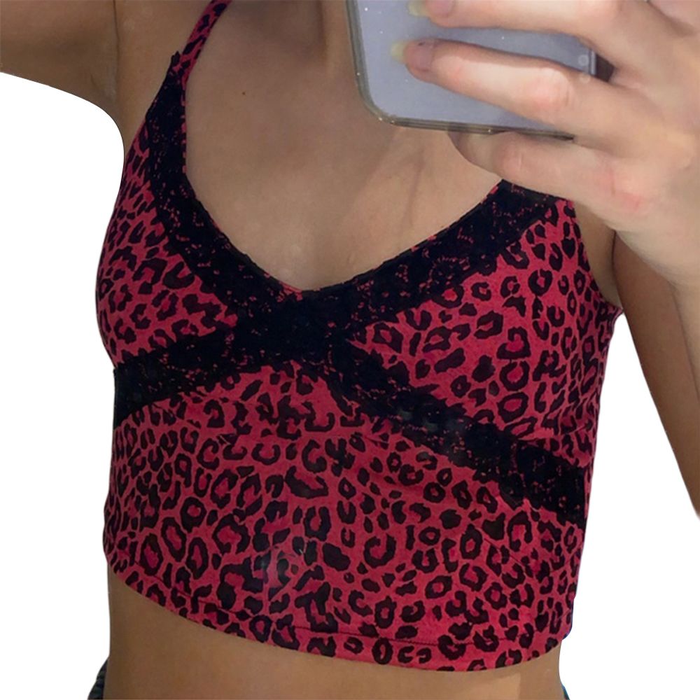 Women’s Fashion Leopard Camisole Summer  Lace Decorated V-neck Slimming Tube Top