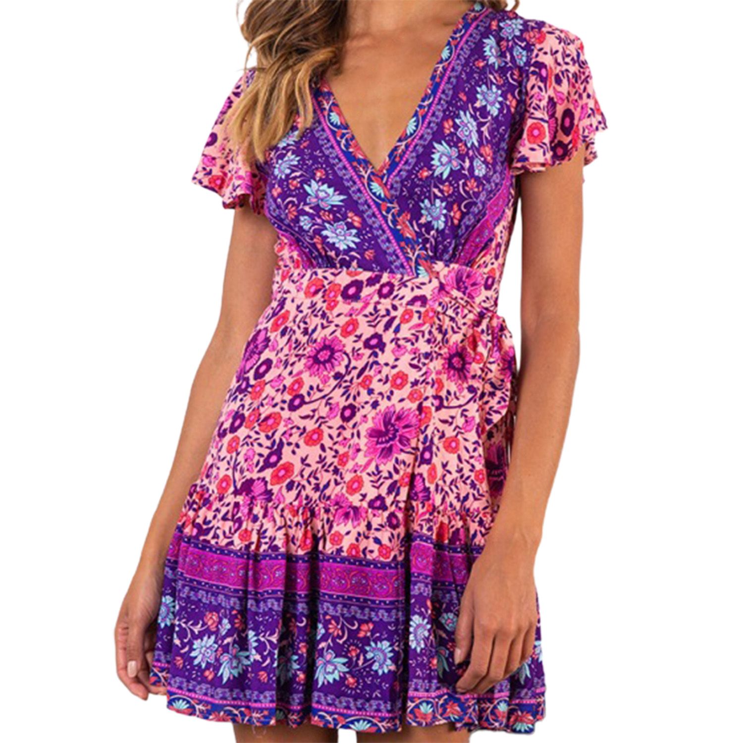 Party Dress Quick Drying Bohemian Floral Print Short Sleeve Women Dress