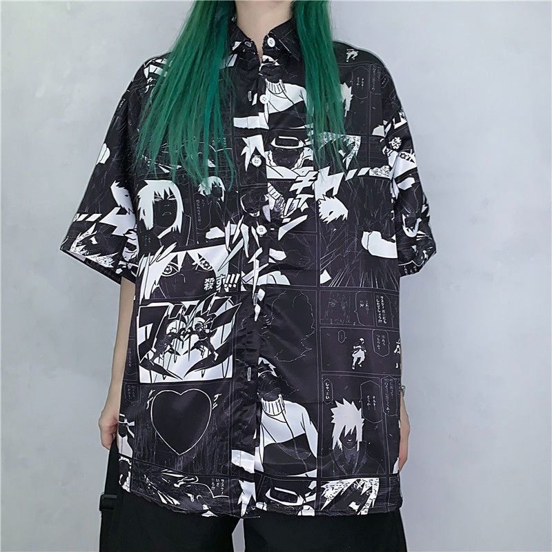 Blouse Women Men Shirts Punk Tops japan Ins Sasuke Printed Long-Sleeved Loose Flower Shirt Couple Beach Cardigan Anime shirt