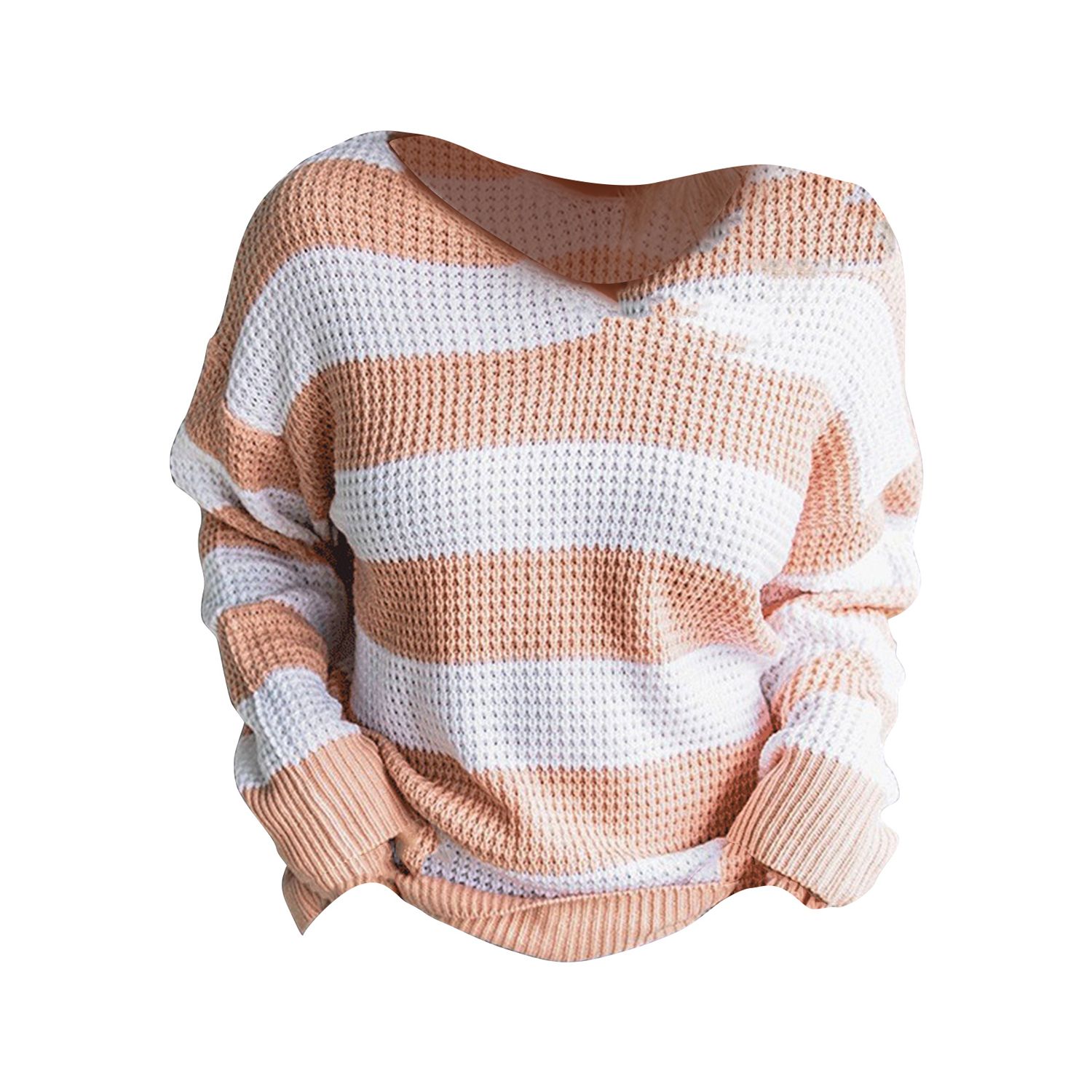 Women Pullover Sweater Round Neck Knitted Striped Pullover