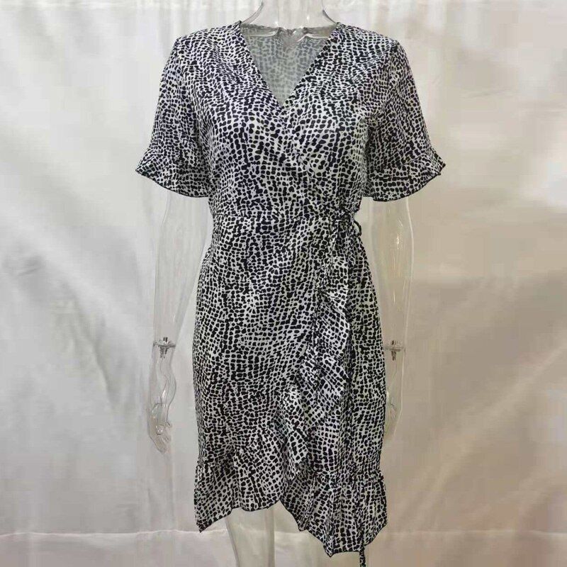 Women Summer Boho Beach Dresses 2021 Floral Print Vintage Ruffle Chiffon Dress V Neck A Line Sexy Wrap Mini Dress