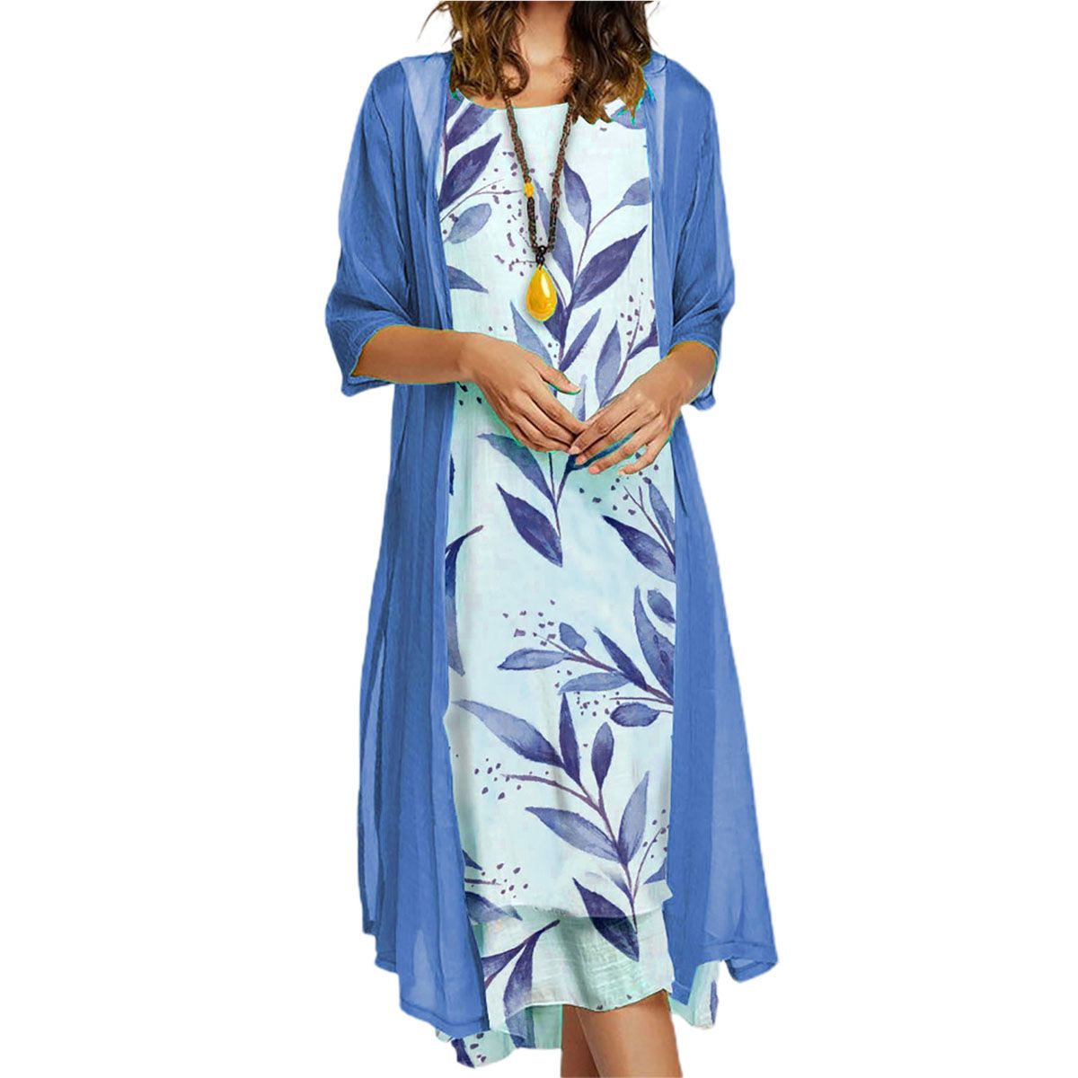 Cardigan Dress Set Floral Print Loose-fitting Vintage Dress