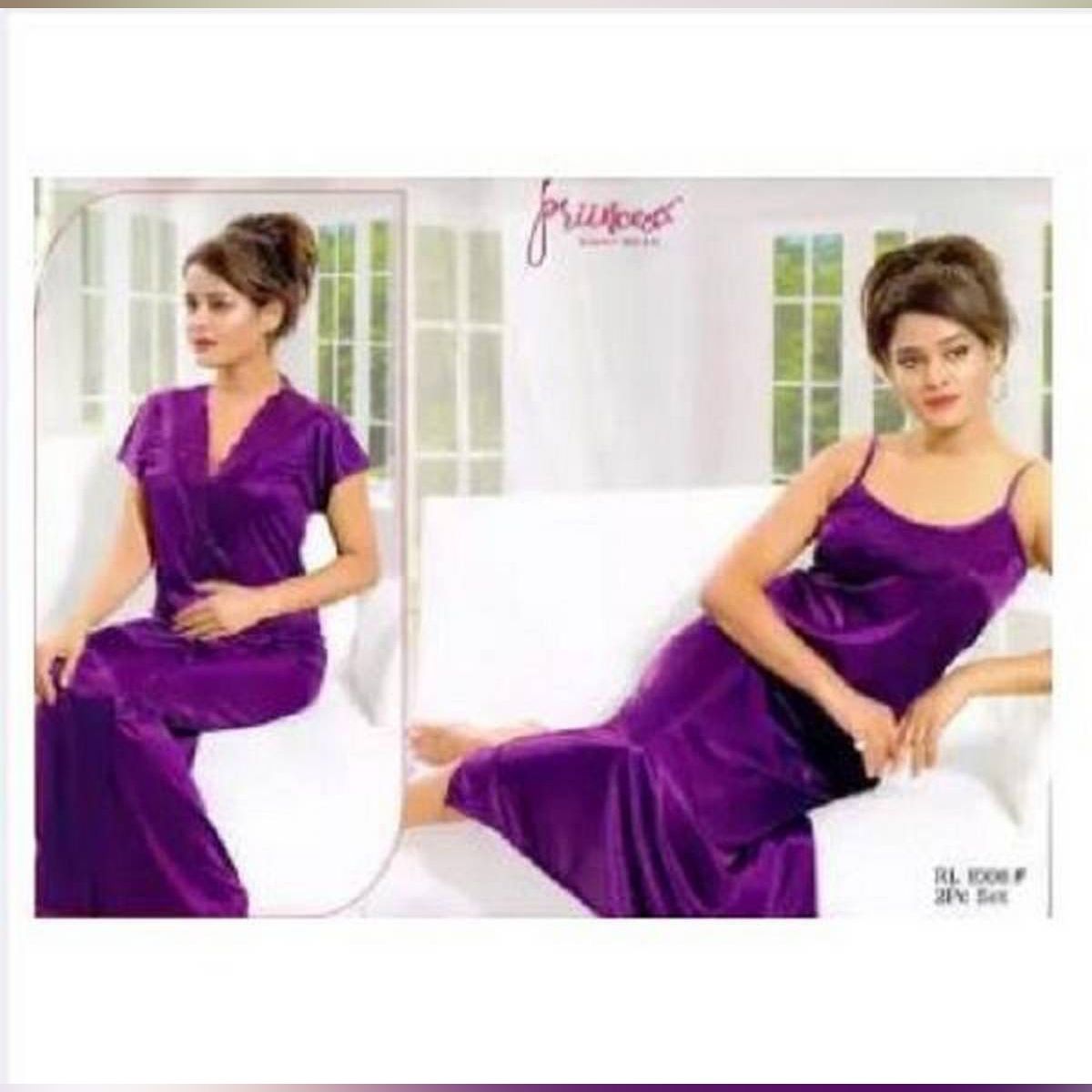Two Part Satin Solid Women Robe Nighty Set - Purple - Night Dress For Women - Night Dress For Women