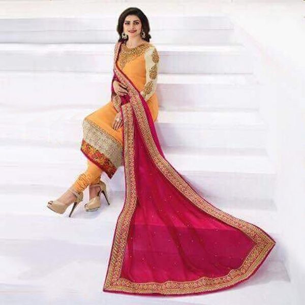 Unstiched Orange and Deep Pink Georgette Salwar Kameez For Women