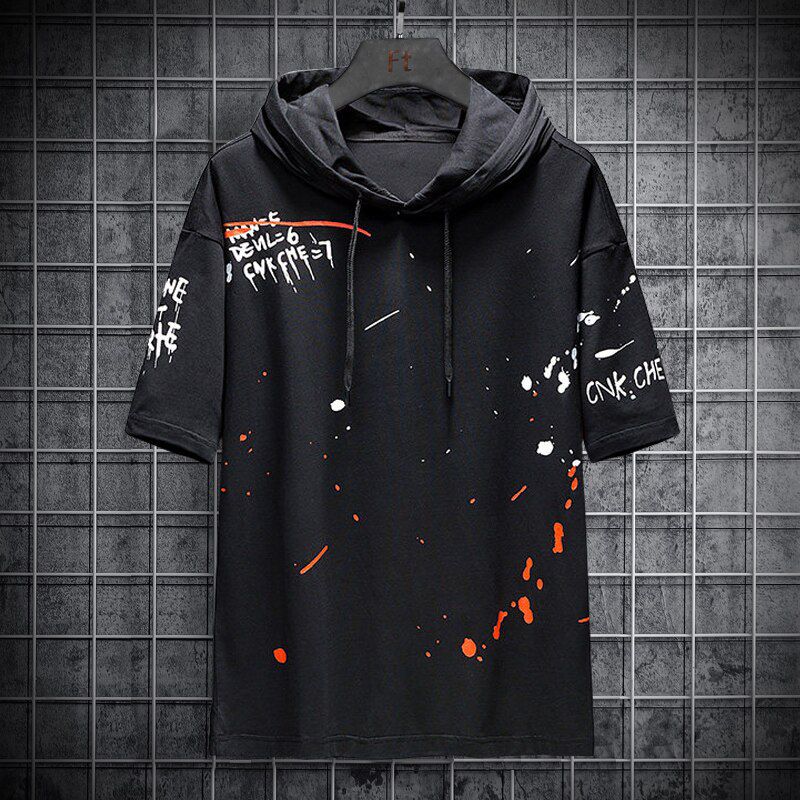 Single Road Mens Hoodies Men Summer Black Graffiti Short Sleeves Sweatshirt  Hop Harajuku Japanese Streetwear Hoodie Men