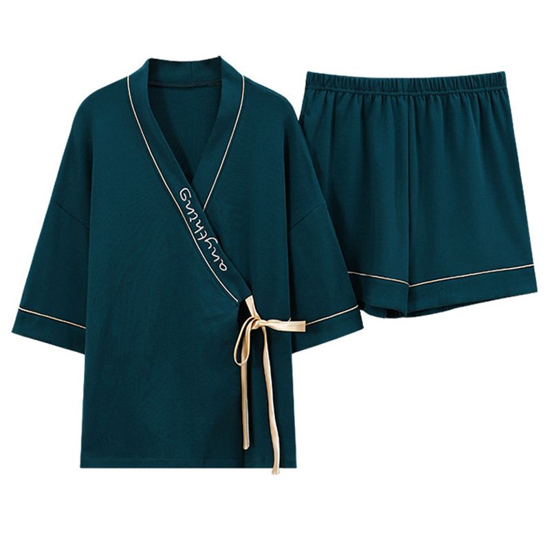Yfashion 2 Pcs/set Women  Pajamas Pure Cotton Kimono Style V-neck Short-sleeved Solid Color e Suit color