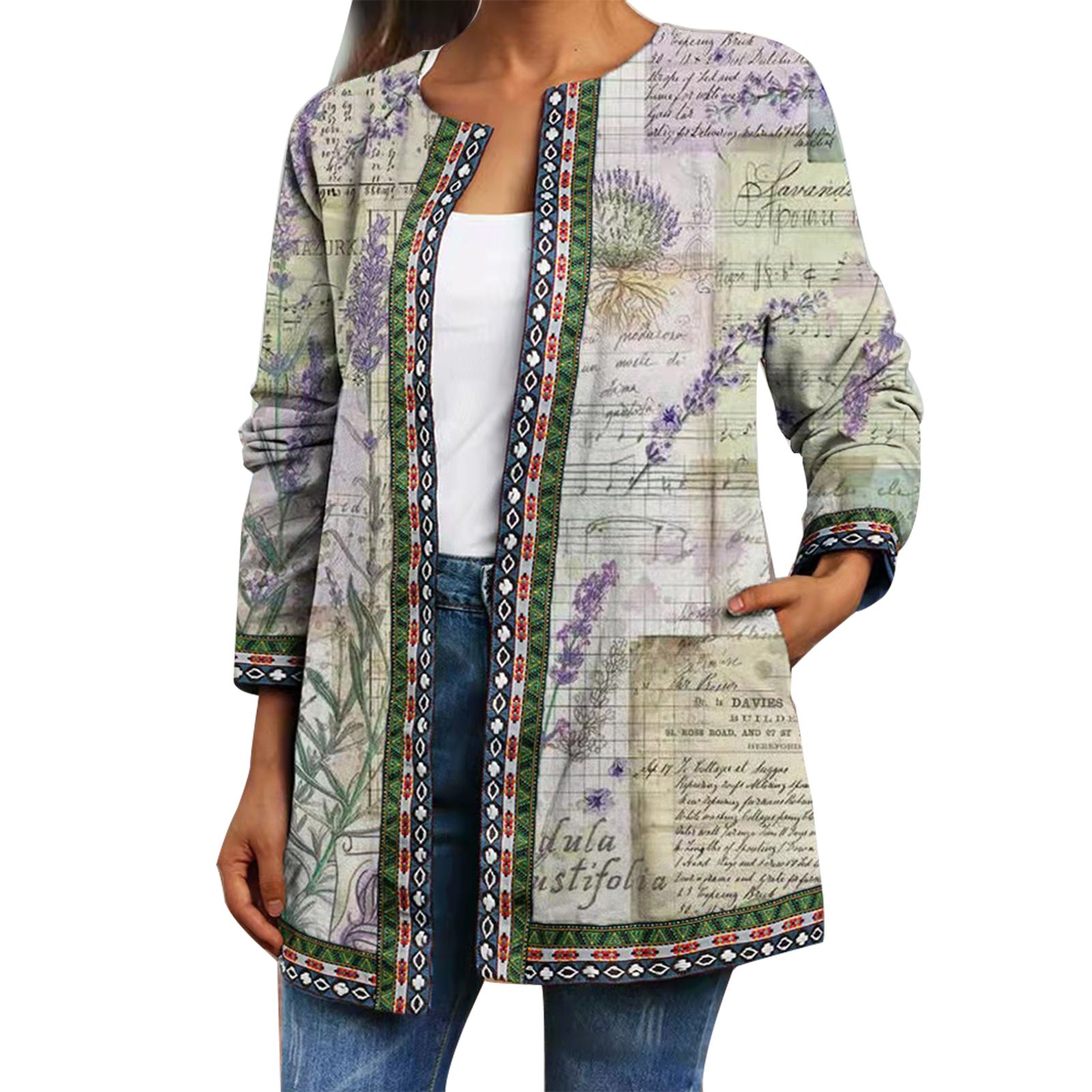 Jacket Ethnic Print Loose Round Neck Coat