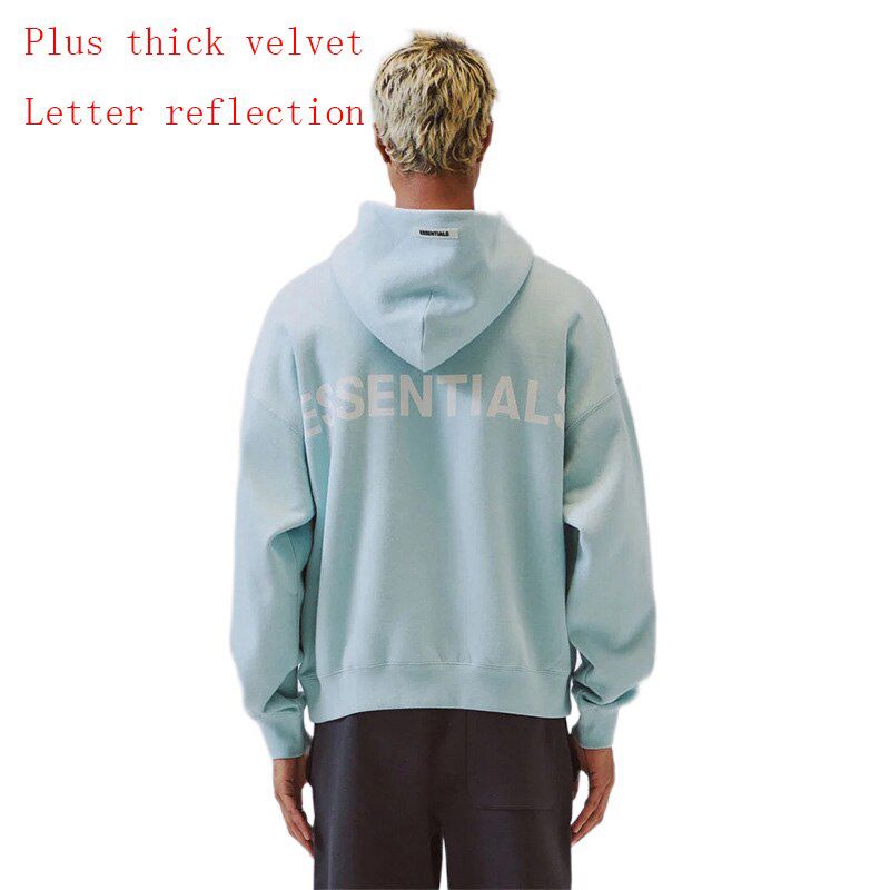 Winter High Street ESSENTIALS Reflective Letters High-Quality Cotton Plus Velvet Couple Clothes Shopping Outdoor Running Hoodie