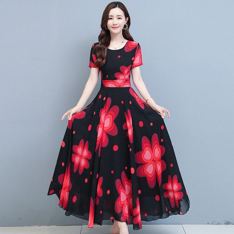 Women Dress ffon Crew-neck Print Skirt Short-sleeve Waist Slim Dress color