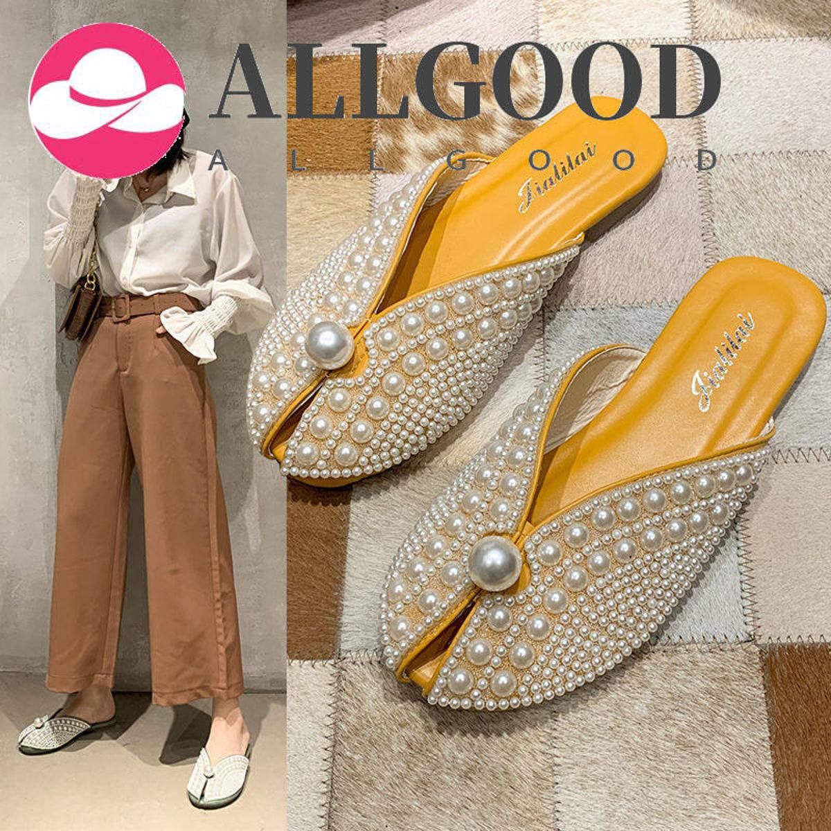 Half Slippers for Women  Summer New Fashion Flat Sandals Pearl Slippers