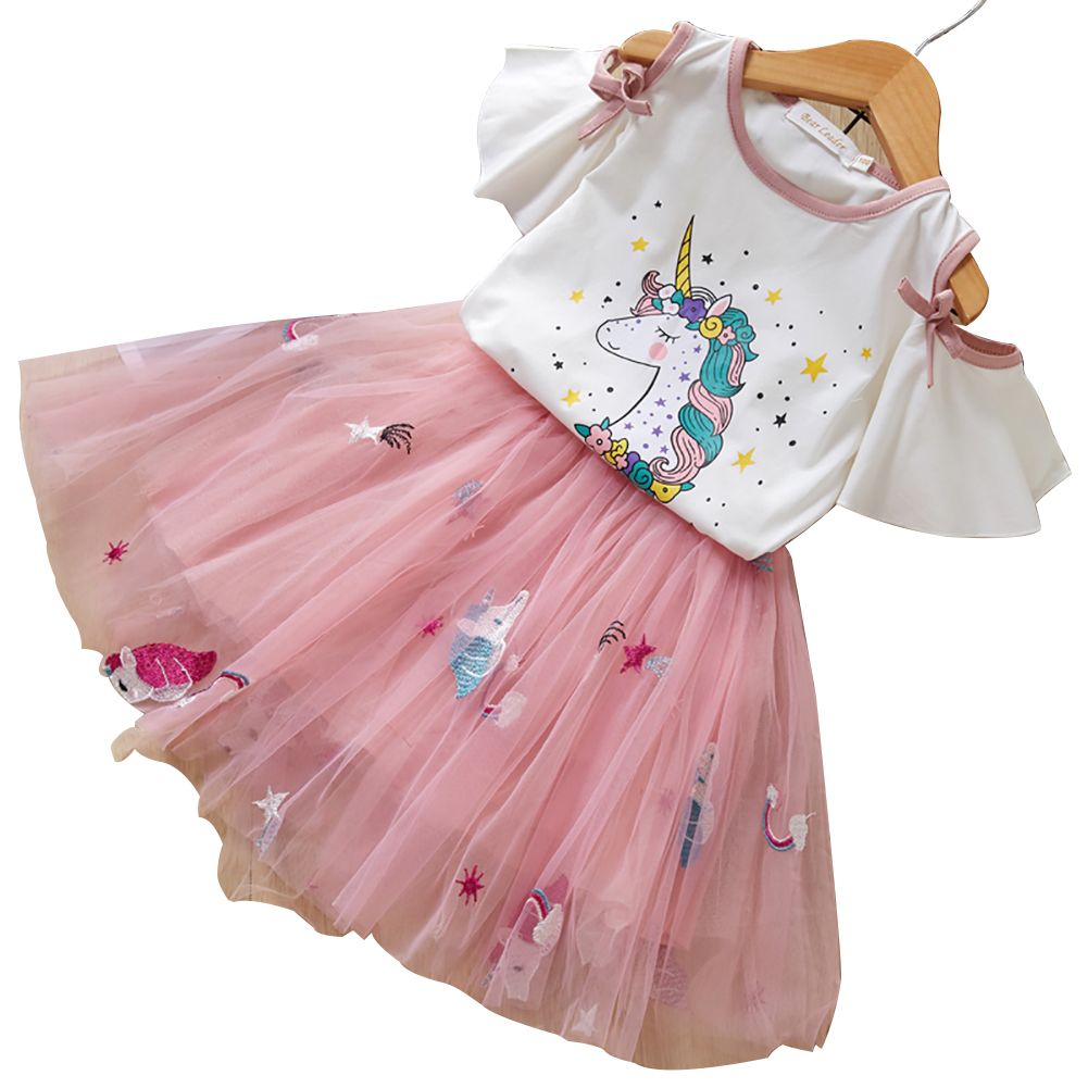 Yfashion 2pcs/set irls Clothing  Sets, Cartoon Printed -shirts+puffy Dress Clothes Sets, Off Shoulder Skirt Sets Kids Clothes Set color