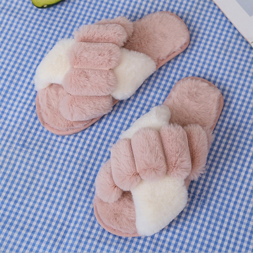 Women's Cotton Slippers Luxury Fluffy Slippers with Cross Straps and Open Toe 3 Cm Platform Shoes New Style