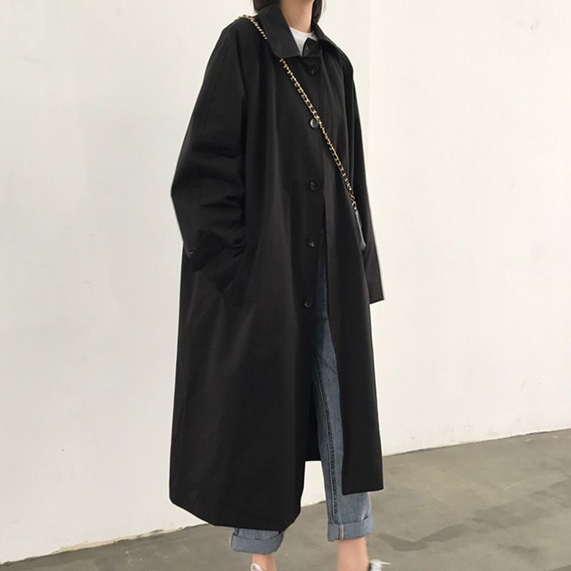 Long Office Lady Trench Coat Women Casual Loose Solid Oversized Windbreaker Black Outerwear Korean Chic Boyfriend