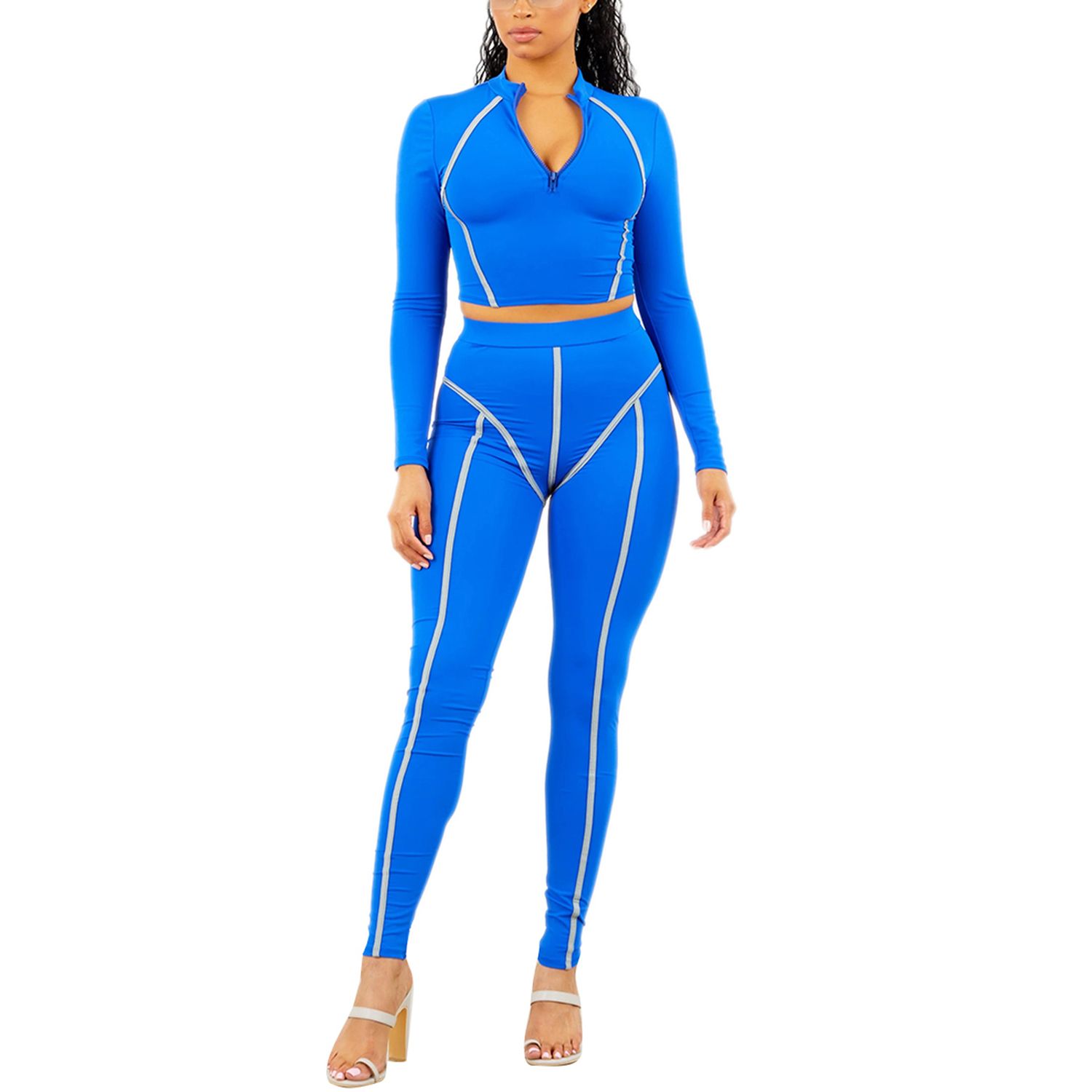 2021 2Pcs Women Tracksuit, Lines Printing Stand-Collar Long-Sleeves Tight-Fitting Crop Top + High-Waist P