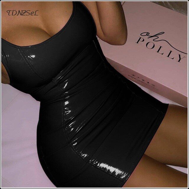 PU Patent Leather Sheath Tank Dress Women Short Mini Low Cut Slim PVC Latex Nightclub Dresses Bodycon Package  Summer