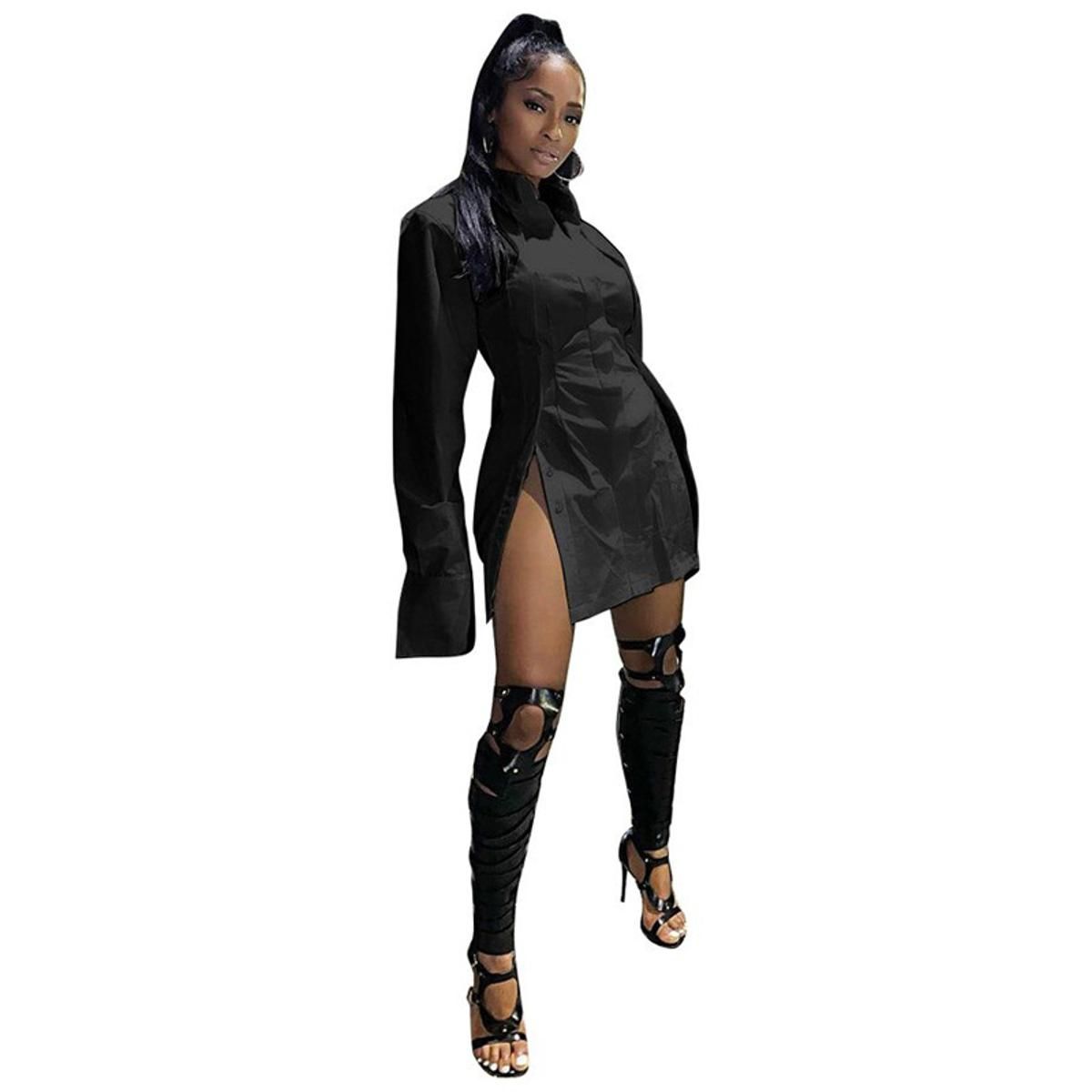Button Split White Long Sleeve Shirt Dress Women Clothes Fashion Mini Dresses Clubwear Vestidos is D22-CG18