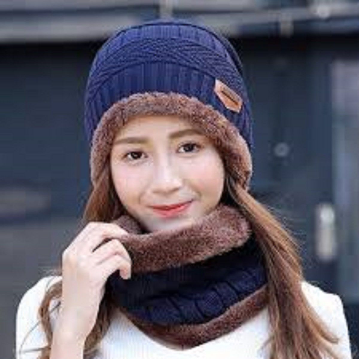 Women Knitted Wool Scarf Hat Pompom Cap Set Warm Winter