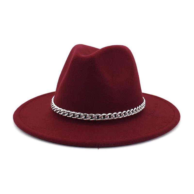2020 High Quality Wide Brim Fedora Hat Women Men Imitation Wool Felt Hats with Metal Chain Decor Panama Fedoras Chapeau Sombrero