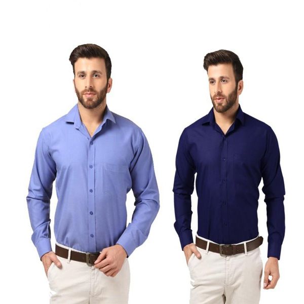 Pack of 2 Sky Blue and Navy Blue Cotton Long Sleeve Casual Shirt for Men