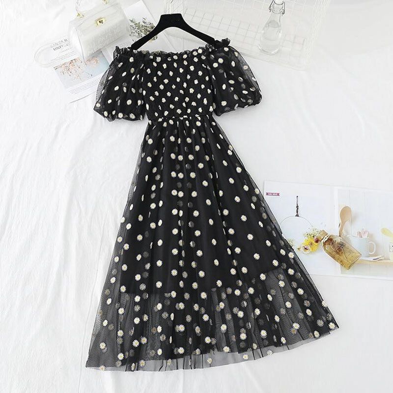 small daisies embroidery mesh dresses women off the shoulder french vintage party ruffle dresses elegant vestidos