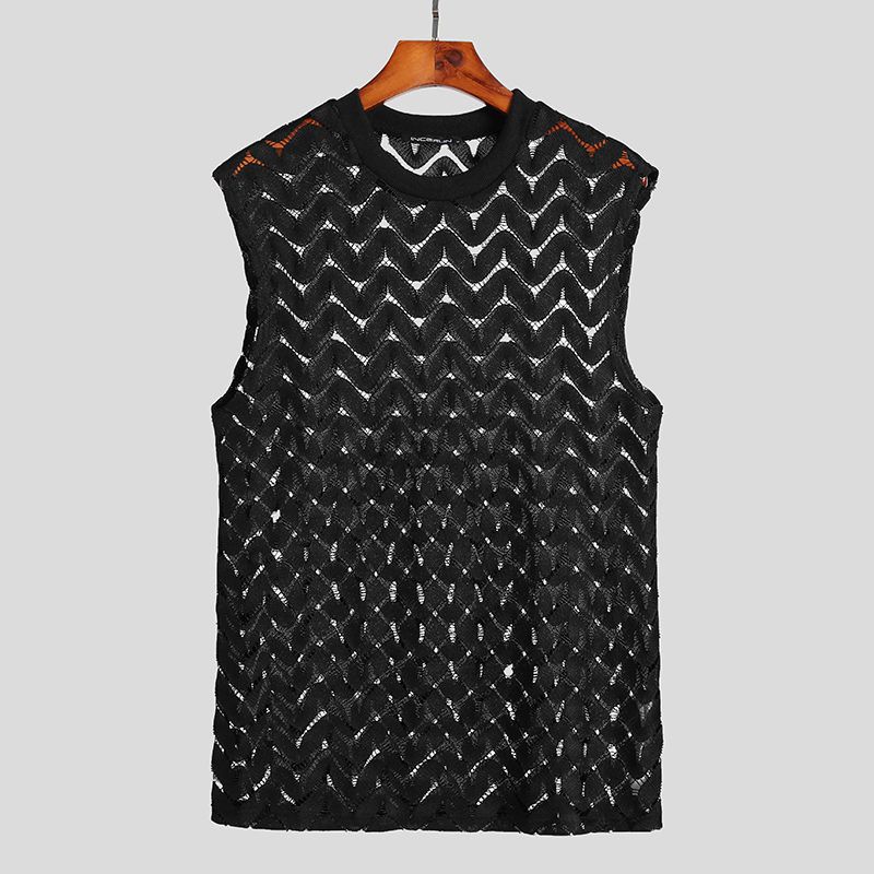 Fashion Men Mesh TaTops Hollow Out Streetwear O Neck Sleeveless Party Vests Lace See Through Tops Men Clothing INCERUN
