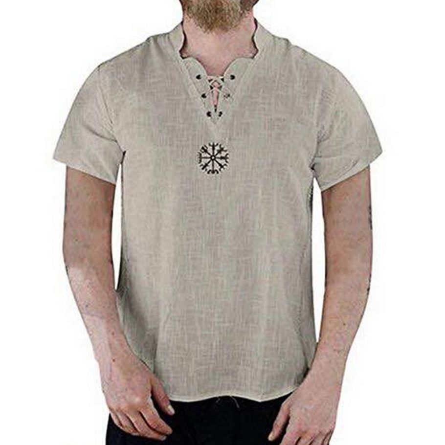 Men Short Sleeve Embroidery Simple Lace Up Stand Collar T-shirt Top for Daily Wear