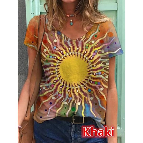 Summer Women New Fashion Abstract Printed T-Shirts Short Sleeve Cotton Loose Tops V-Neck Shirts Plus Size S-5XL