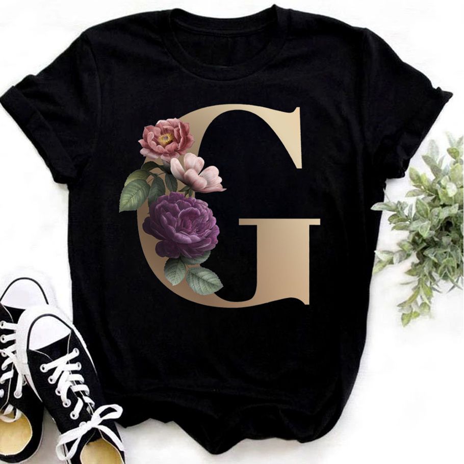 Custom Name Letter Combination Fashion Women T-shirt Flower Letter Font A B C D E F G Short Sleeve Tops Black T-shirt Clothing