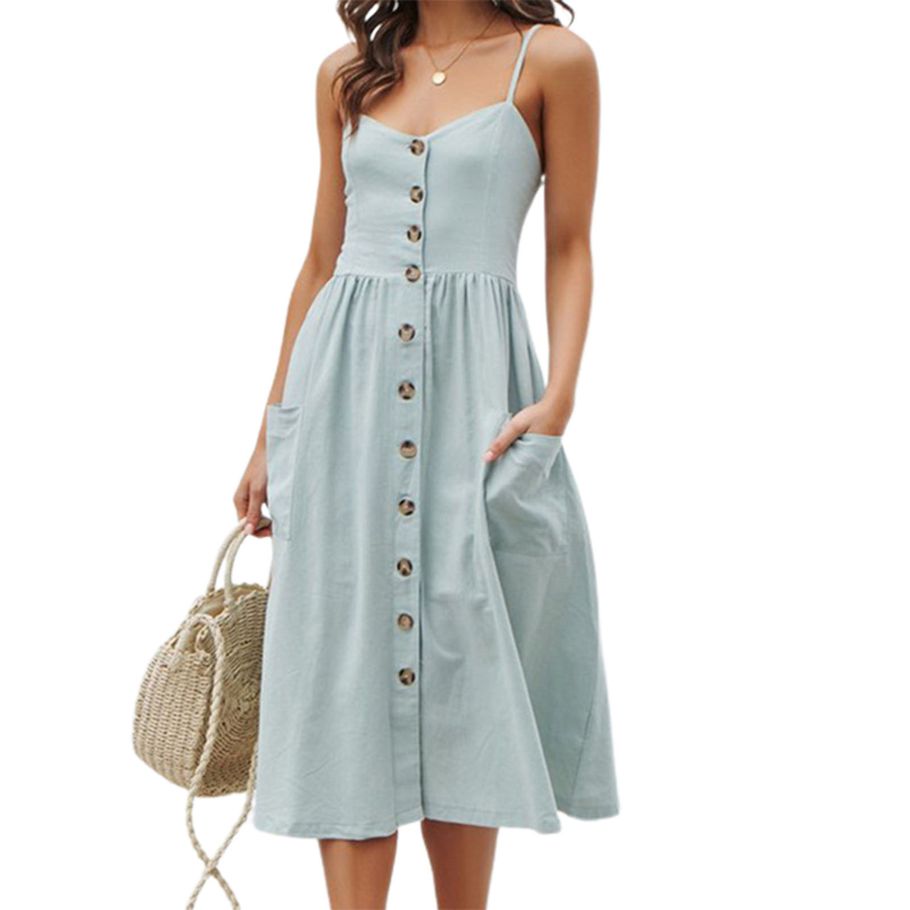 Women Sling Dress Solid Color Single-breasted Spaghetti Straps Backless Midi Dress for Summer