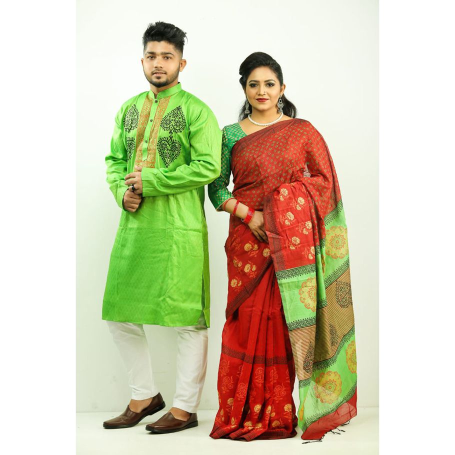 Exclusive Designer Half Silk/Dhupiani Share And Dhupiyani/Half Silk Panjabi For Combo Couple Dress  [ Sharee and panjabi] for man and women or gift or yourselfs.