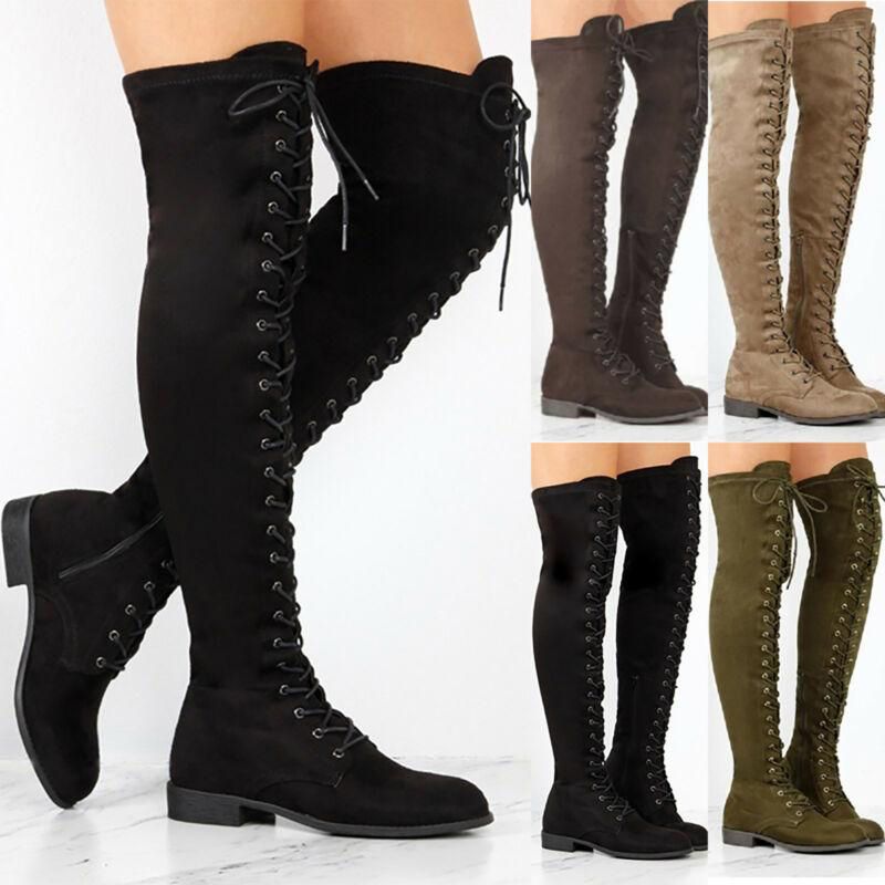 Womens Ladies Over The Knee High Boots Lace Up Party Flat Zip Up Stretch Shoes