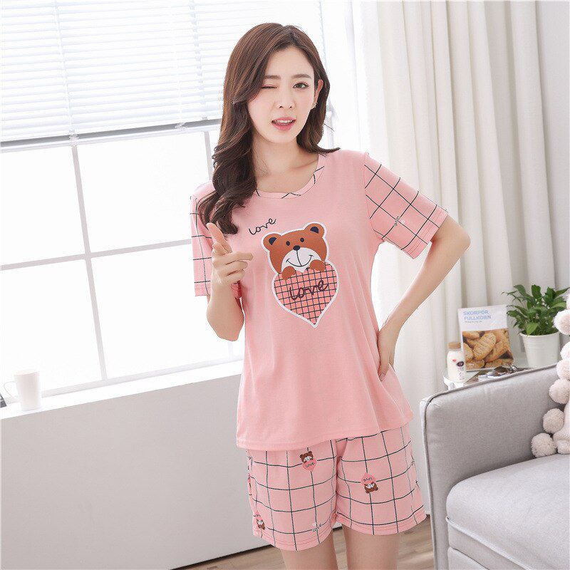 Summer Knitted Cotton Cartoon Pajamas Set Women Pyjamas Sleepwear Nightwear Pijama Plus size Calf-Length Pants Homewear