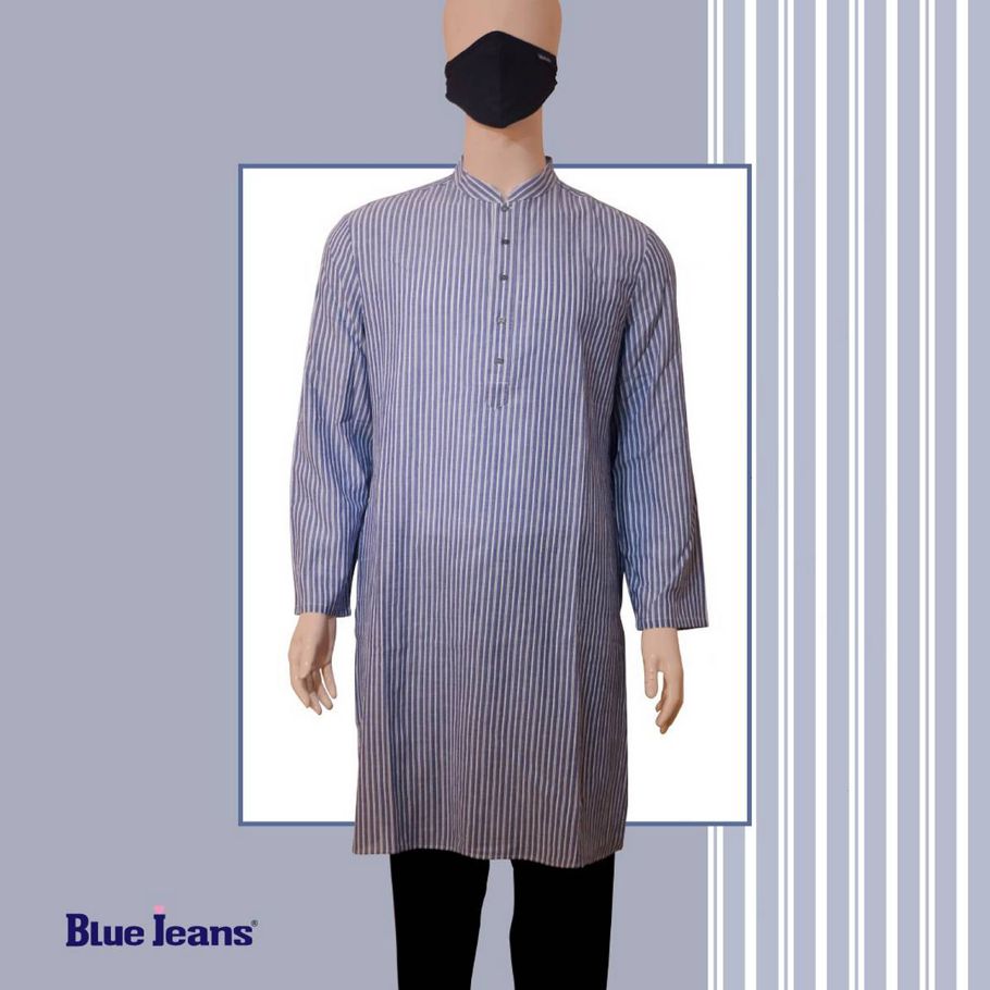 Men's Panjabi Stripe Print Navy Blue