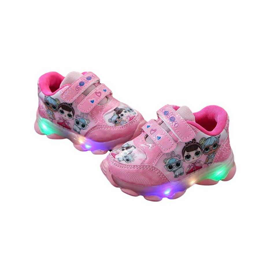 Girls Shoes Magic Sticker Cartoon Printing Luminous Non-slip Sports Shoes color:Pink size:23 yards