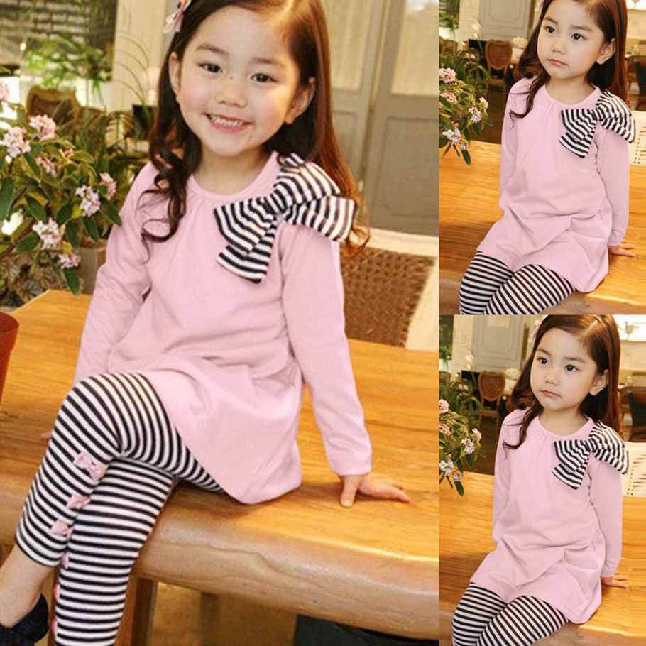 Toddler Girl Kids Clothes Long Sleeve Bow T-shirt+Stripe Pants Outfits Set