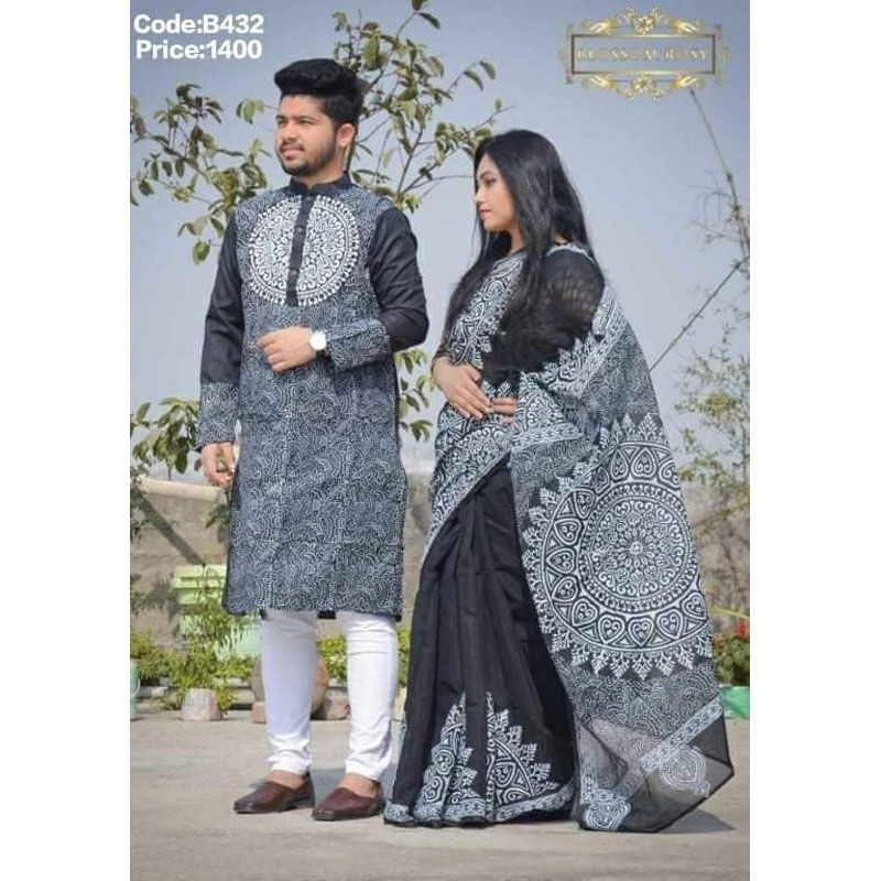 Exclusive Designer Block Print Half Silk Saree & Dhupian Silk Panjabi Combo For Couple