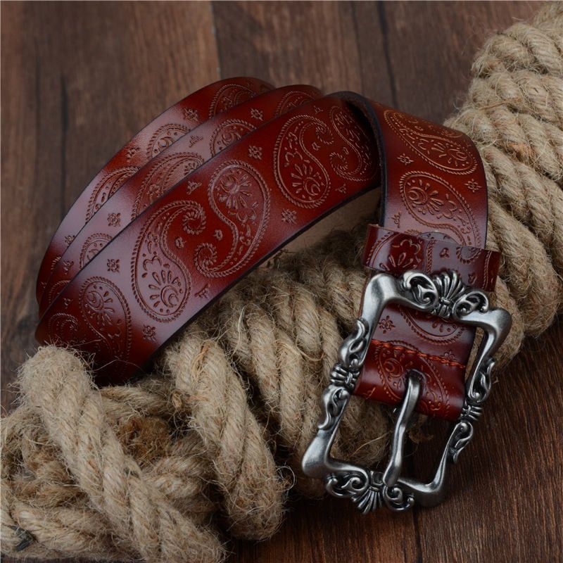 COWATHER 2019 cow leather belts for Women luxury strap female belt Cashew flowers pin buckle 3.2cm XF022
