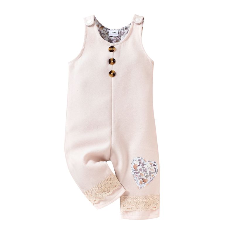 Baby Girl's Romper, Patchwork Floral Heart Pattern Button Decoration Sleeveless Round Neck Sling Jumpsuit