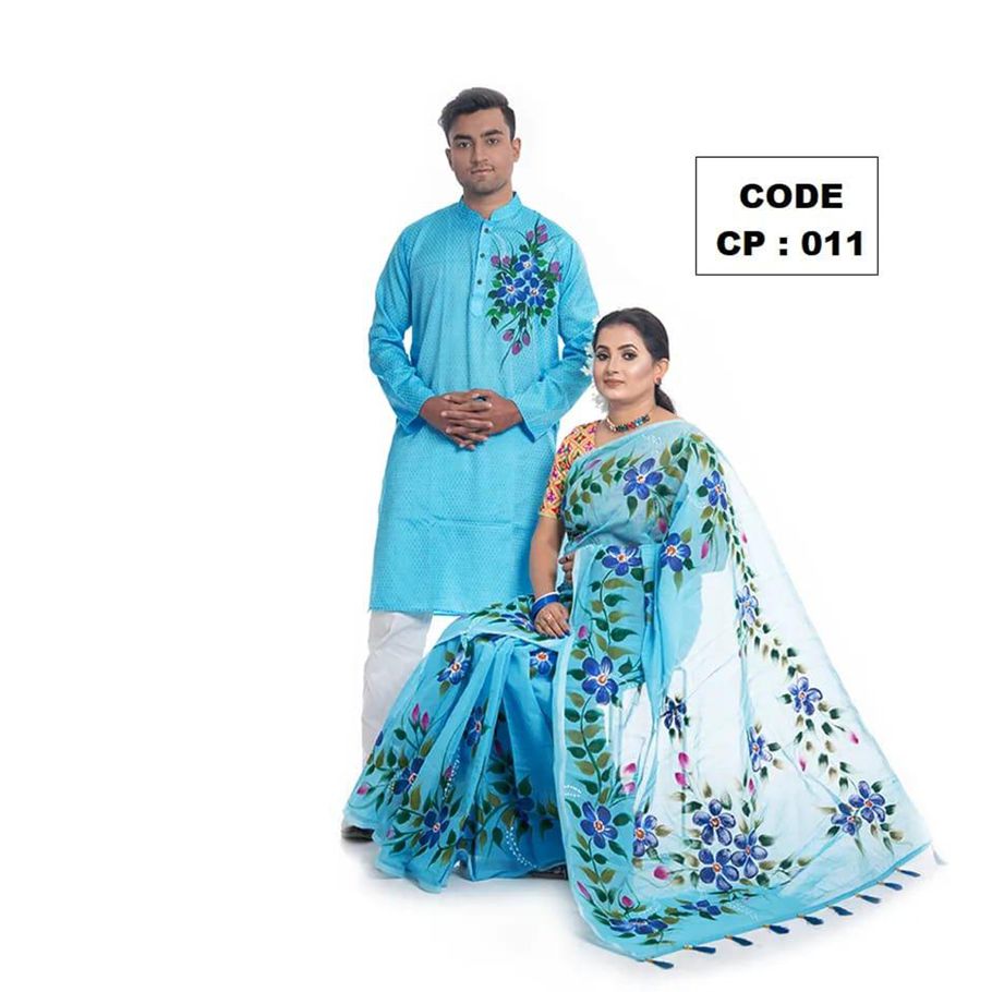 Exclusive Designer  Print Half Silk And Dhupian Silk Saree & Dhupian Silk Panjabi Combo For Couple Stylesh & fashionable best couple dress for man and women .