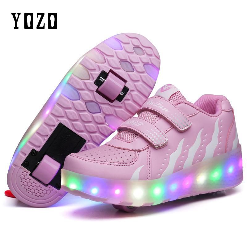 LED Light Sneakers With Double Two Wheel Boys Girls Roller Skate Casual Shoe With Roller Kids Shoes Pulley Roller Skating Kids Wheely Tenis