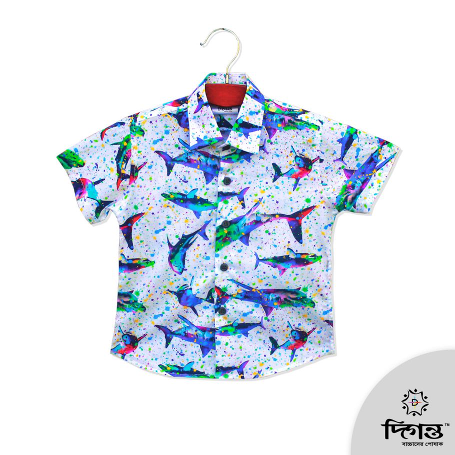 White Multi Color Shark Fish Print Cotton Shirt For Boys