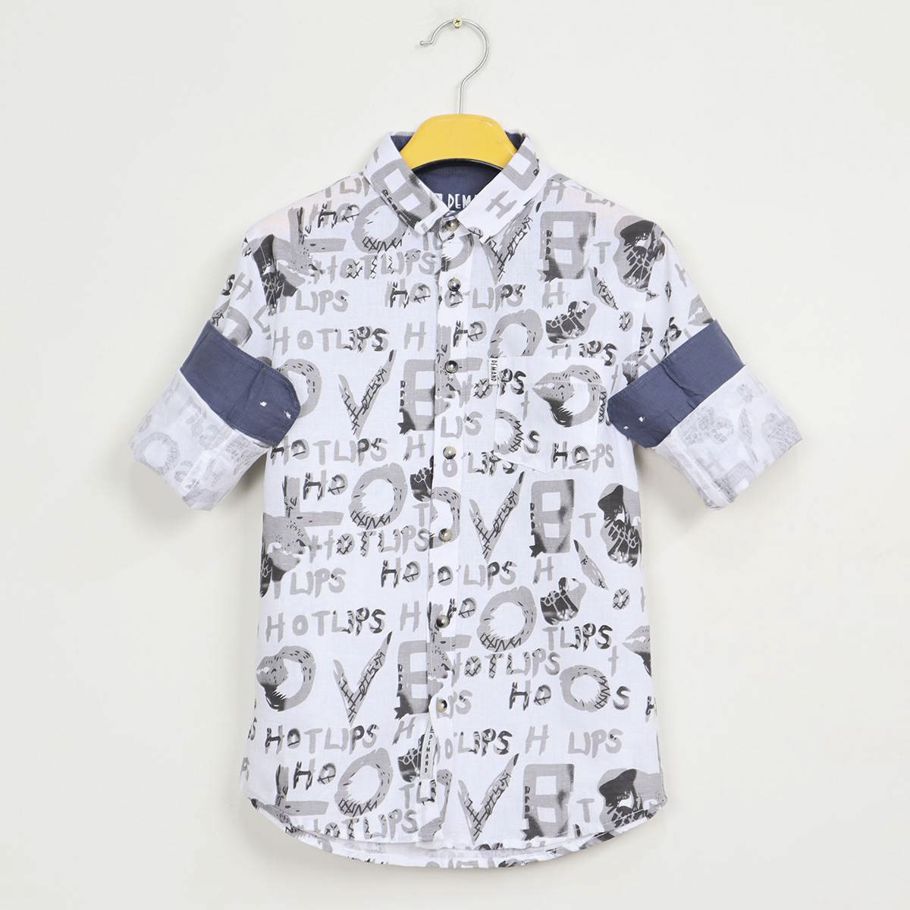 All Over Text Printed Cotton White Color Kids Shirt Full for Boys