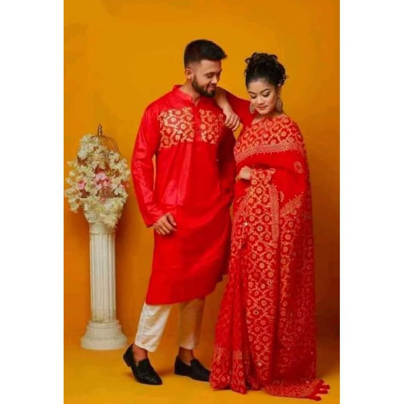 Exclusive Designer Block Print Half Silk Saree & Dhupian Silk Panjabi Combo For Couple Stylesh & fashionable best couple For man and women