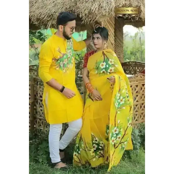 New Exclusive Designer Half Silk Saree And Dhupian Panjabi For Combo Couple Dress