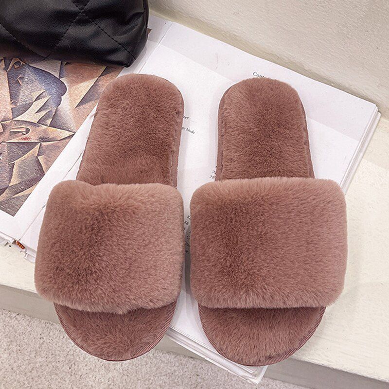 Women Winter Faux Home Slippers Female Indoor Plush Fluffy Warm Flat Shoes Ladies Soft Flip Flops Slides