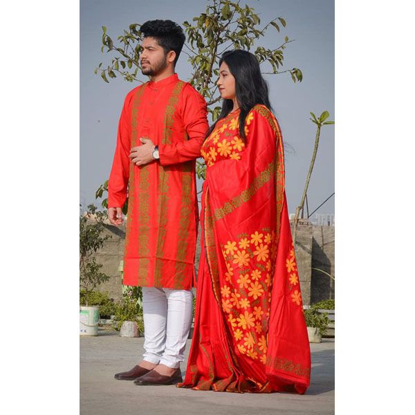 Exclusive Designer Block Print Half Silk Saree & Dhupian Silk Panjabi Combo For Couple Stylesh & fashionable best couple dress for man and women