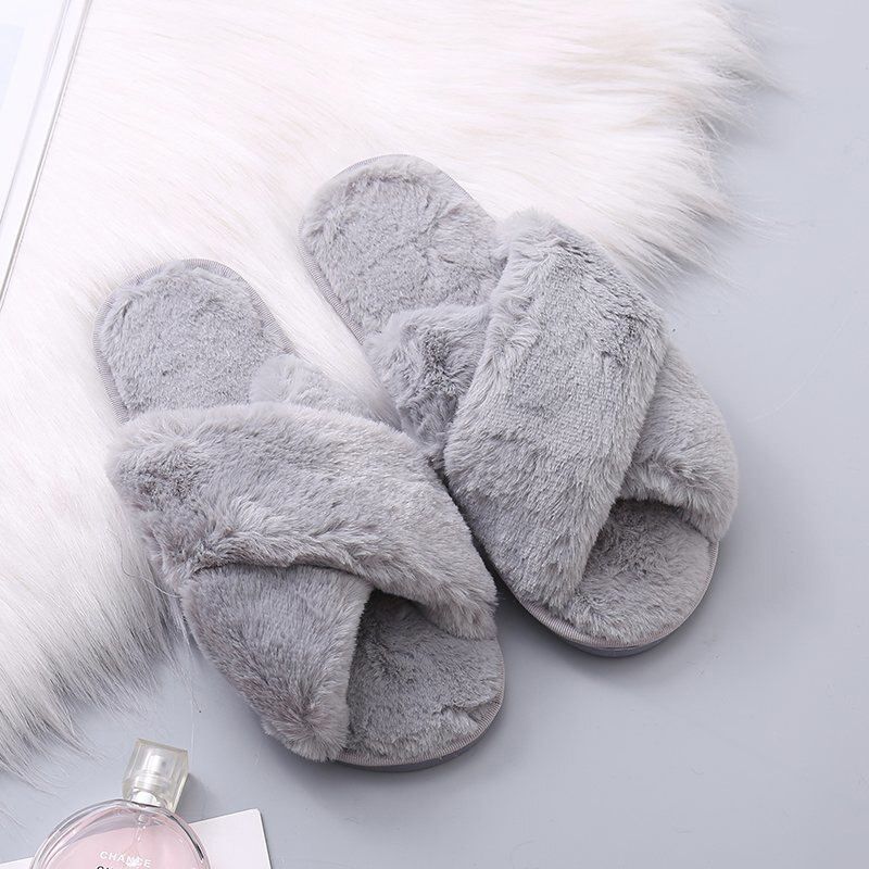 Winter Home Cozy Women Slippers Faux ry Cross Strap Flat Slip on Indoor Non Slip House Slides Ladies Shoes Female Whosale