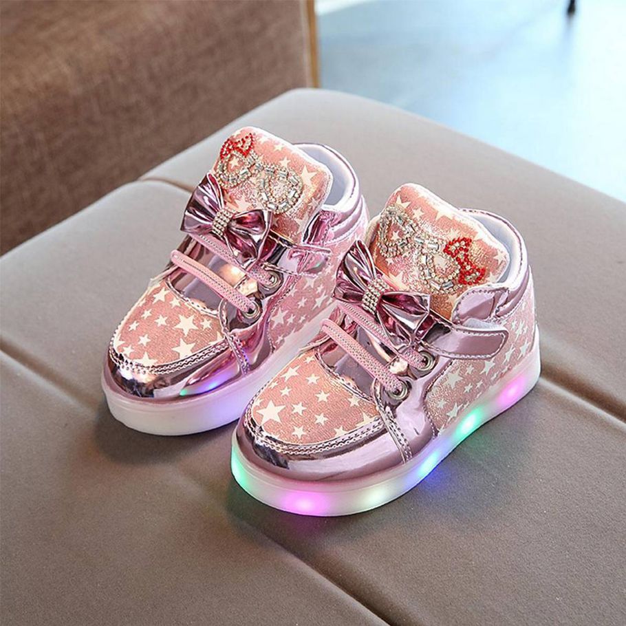 Girls LED Light Kids Anti-slip Star Pattern Fabala Baby Sport Shoes Wear Resistant Casual Breathable Bowknot Autumn